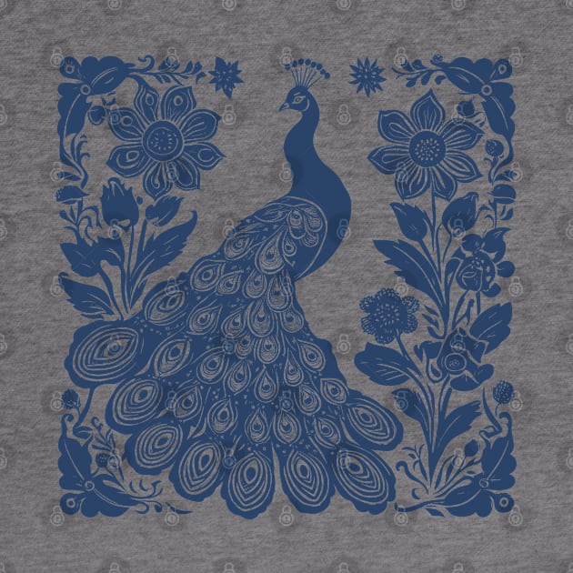 Peacock Folk Art Block Print Navy Blue by craftydesigns